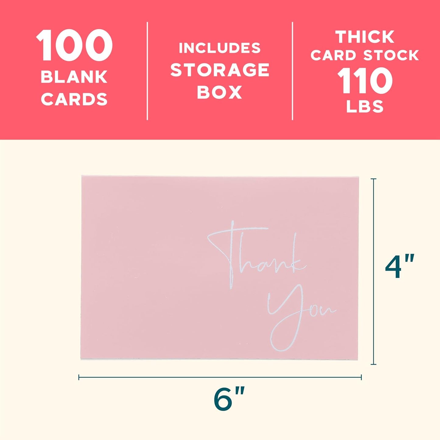 VNS Creations Thank You Cards With Envelopes Bulk Set & Stickers - 100 Pack 4x6 Blank Thank You Notes Bulk Box Set - Large Note Card Small Business, Wedding, Baby Shower & Bridal Shower - Pink