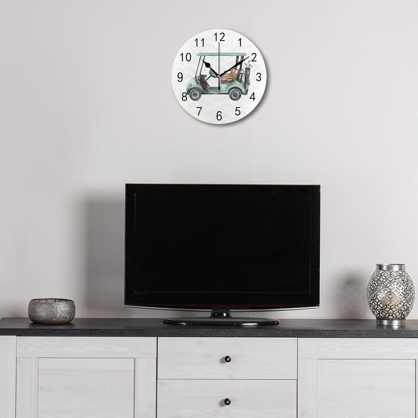 Wall Clock for Living Room Decor Watercolor Golf Cart PVC 9.8 Inch Hanging Round Desk Clocks Silent Non-Ticking Battery Operated Easy to Read Bathroom Kitchen Office
