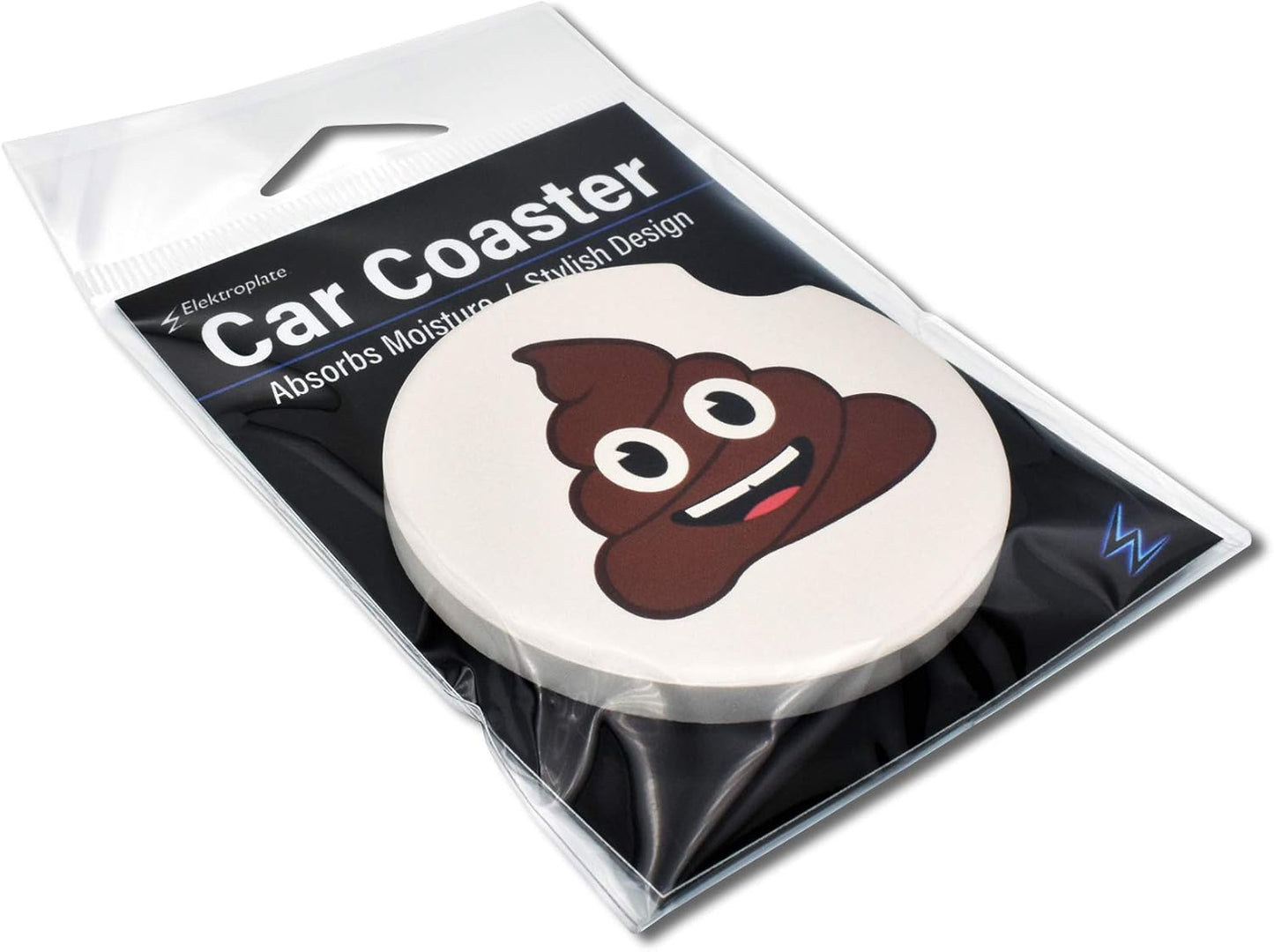 Elektroplate Funny Poop Smiley Face Automotive Ceramic Coasters (2.6" Diameter) | Universal Fit for All Cars, Trucks, SUVs, and More | Absorbent Non-Slip Durable | Set of 2