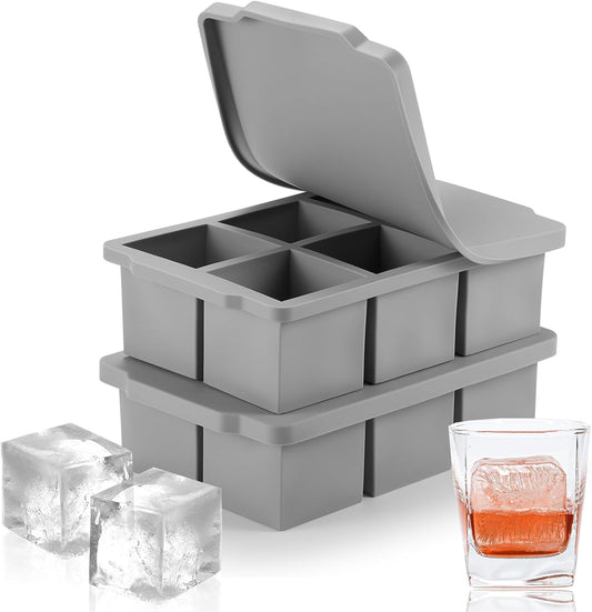 Nax Caki Large Ice Cube Tray with Lid Pack of 2, Stackable Big Silicone Square Ice Cube Mold for Whiskey Cocktails Bourbon Soups Frozen Treats, BPA Free