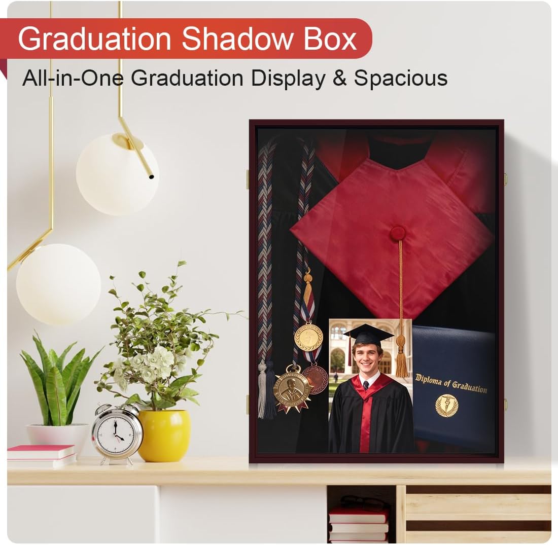 Graduation Shadow Box 17x23 Inch - Large Deep Display Frame for Cap, Gown, Diploma & Awards - College University Keepsake Memory Box in Mahogany