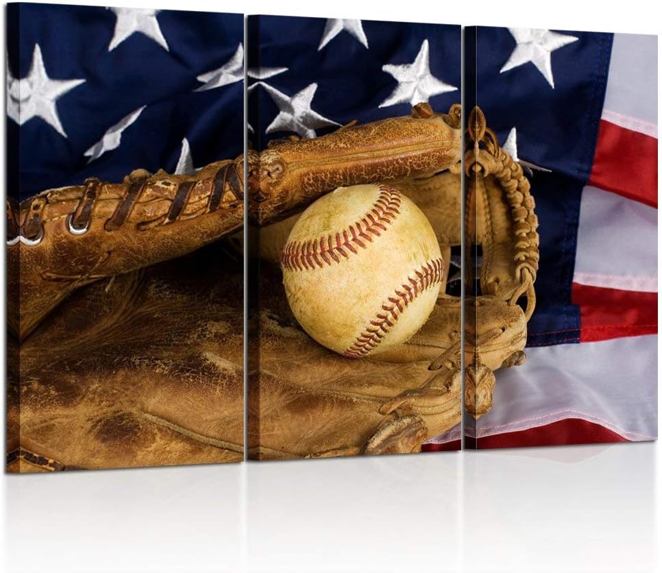 KREATIVE ARTS - Large 3 Pieces Canvas Prints Wall Art Baseball and American Flag Poster Sports Picture Printed On Canvas Stretched and Framed Artwork Gift for Home Living Room Decor 16x32inchx3pcs
