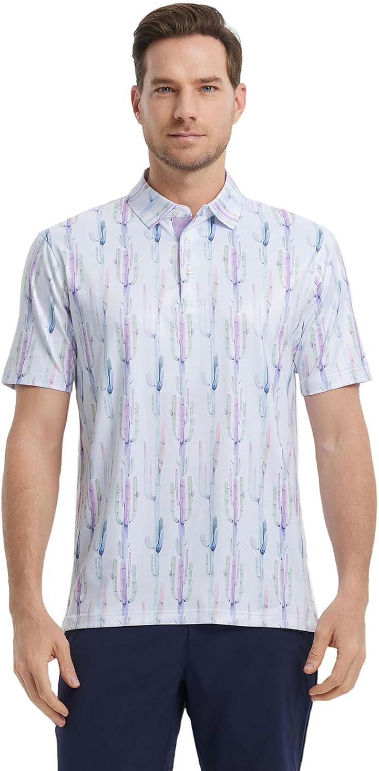Golf Shirts for Men Dry Fit Short Sleeve Print Performance Moisture Wicking Polo Shirt