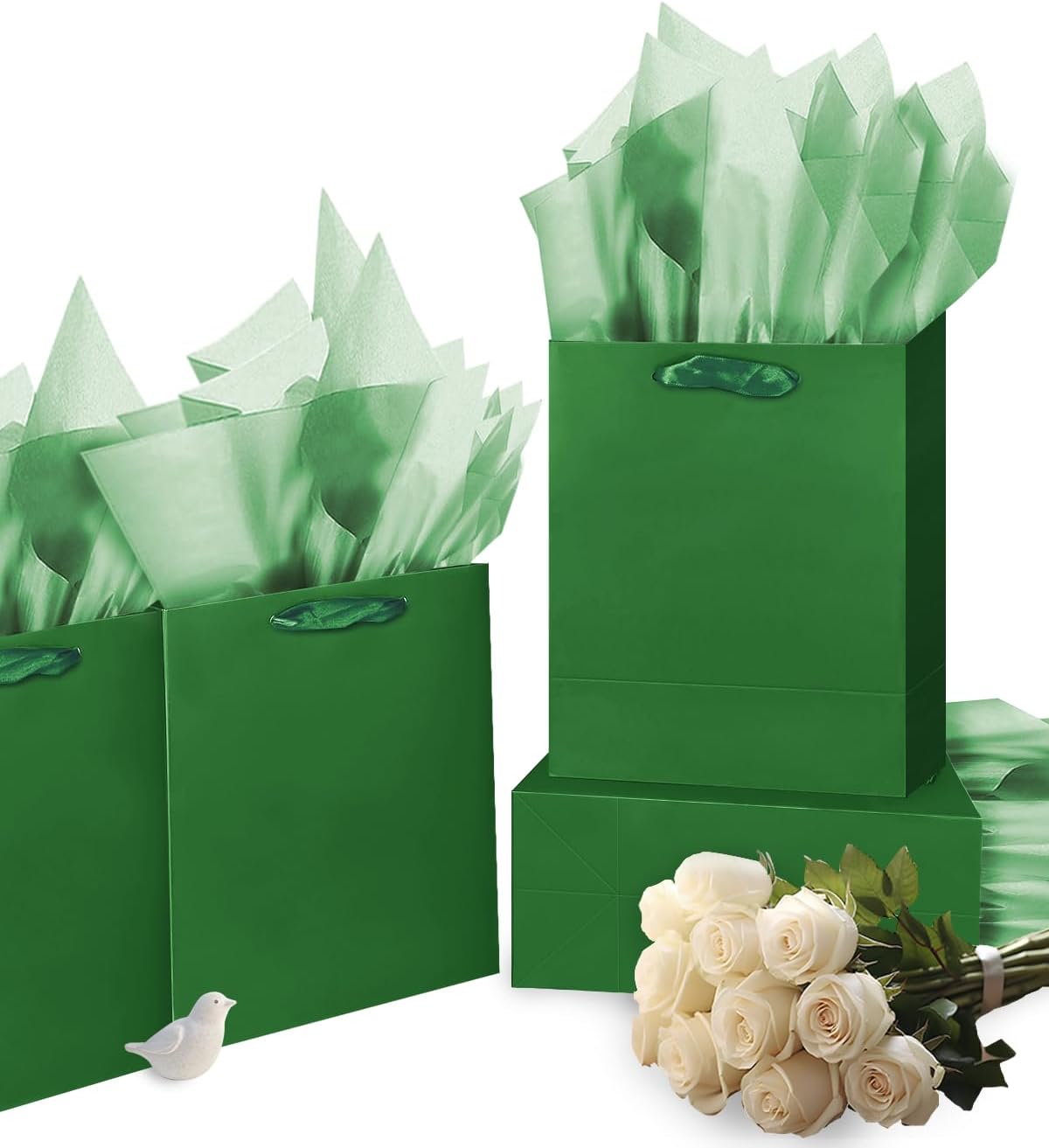 Gcardist Dark Green Gift Bags with Tissue Paper for Wedding, Birthday, Party Supplies-7.9"x4.3"x9.6" Medium Size Cardboard Gift Bags（5pcs Bags +10pcs Tissue Paper ）