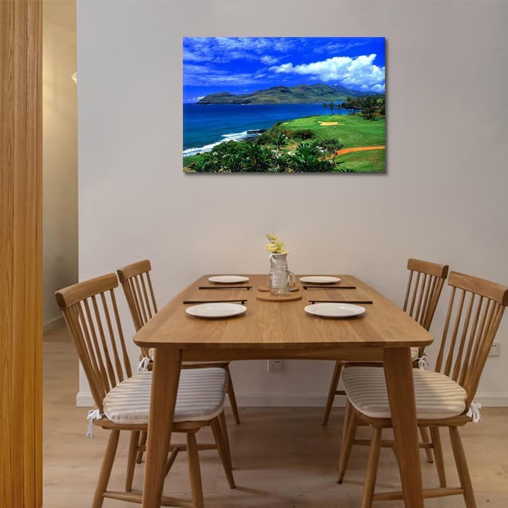 chenchenArt Lagoons Golf Course Wall Art for Living Room Bedroom Bathroom Home Decoration Hawaii Ocean Golf Course Picture Poster Canvas Prints Modern Artwork Framed Ready to Hang(12''H x 16''W)