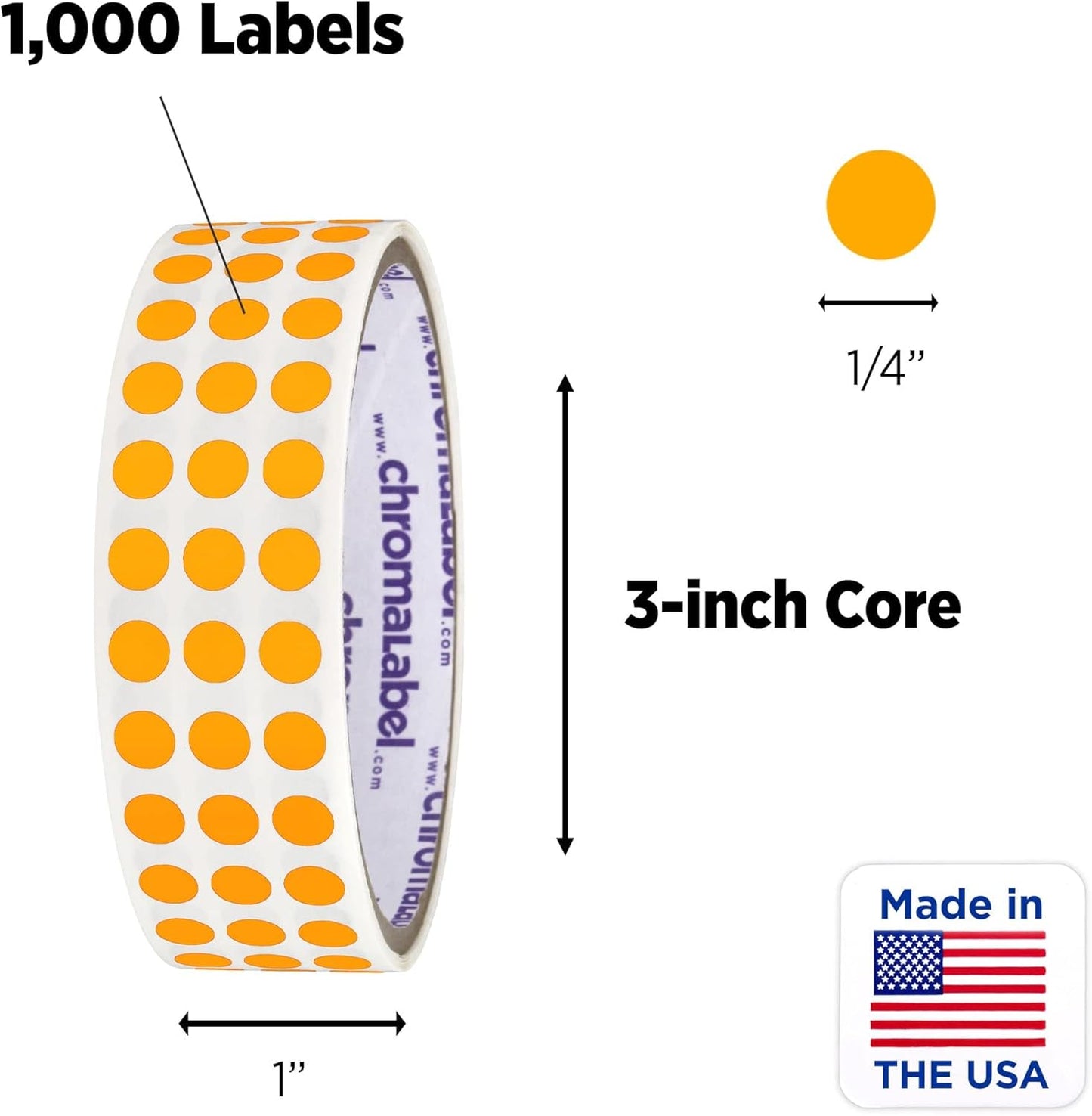 ChromaLabel 0.25 Inch Round Label Permanent Color Code Dot Stickers, 1000 Labels per Roll, Fluorescent Orange
