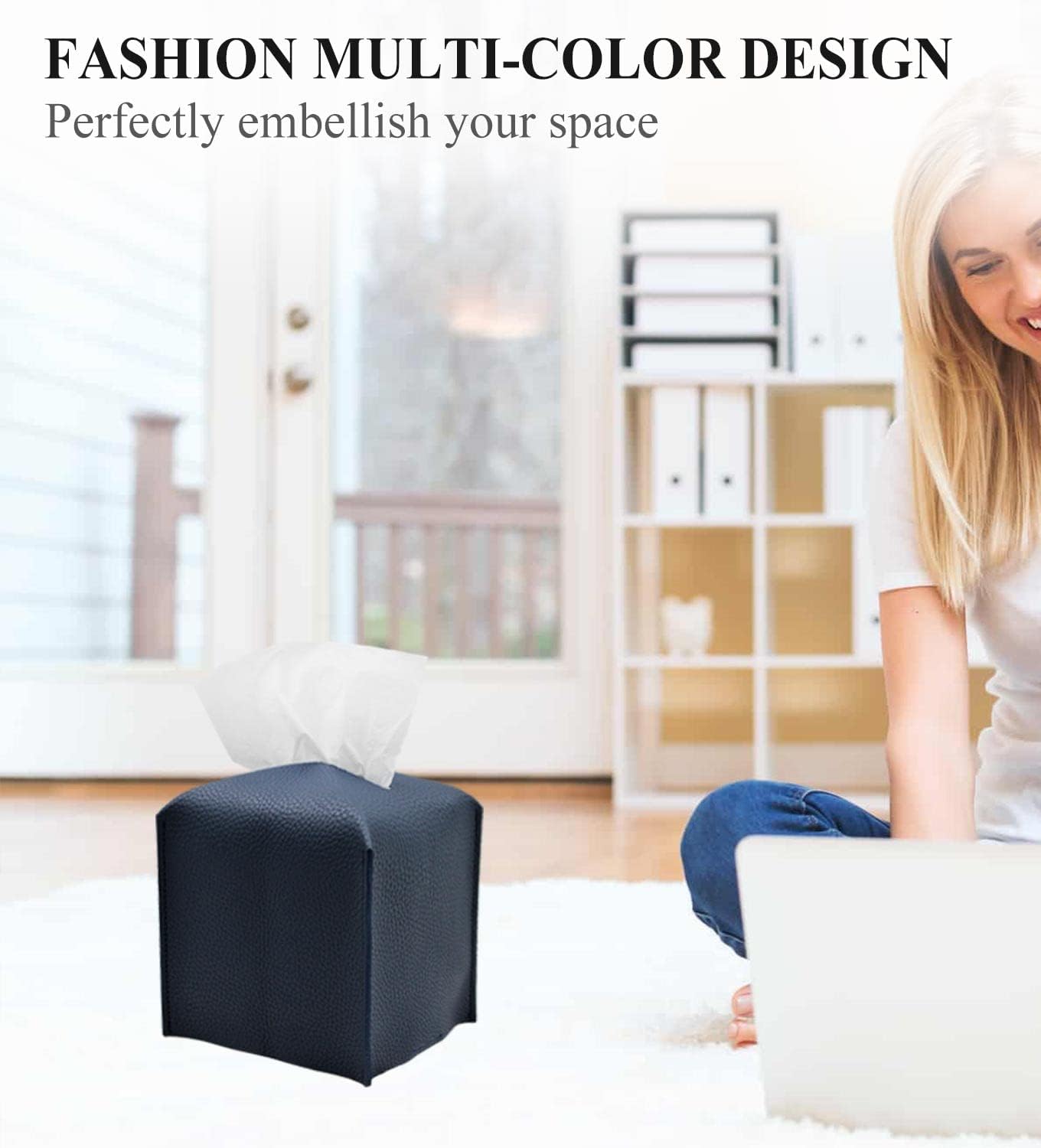 Livelab Tissue Box Cover, Square Decorative PU Leather Tissue Box Holder Modern Tissue Case Facial Paper Organizer Dispenser for Bathroom, Vanity Countertop, Night Stands, Desk 5X5X5'' | Navy Blue