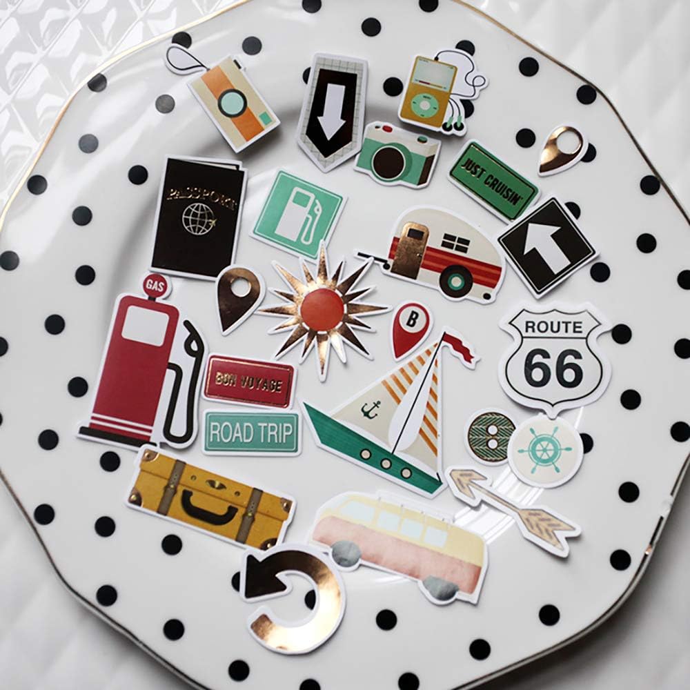 Doraking Foil Gold Paper Stickers, 65PCS Travel Themed Decoration for Scrapbook, Multicolored, Waterproof, Premium Adhesive Paper, Irregular Shaped, Holiday Travel Style