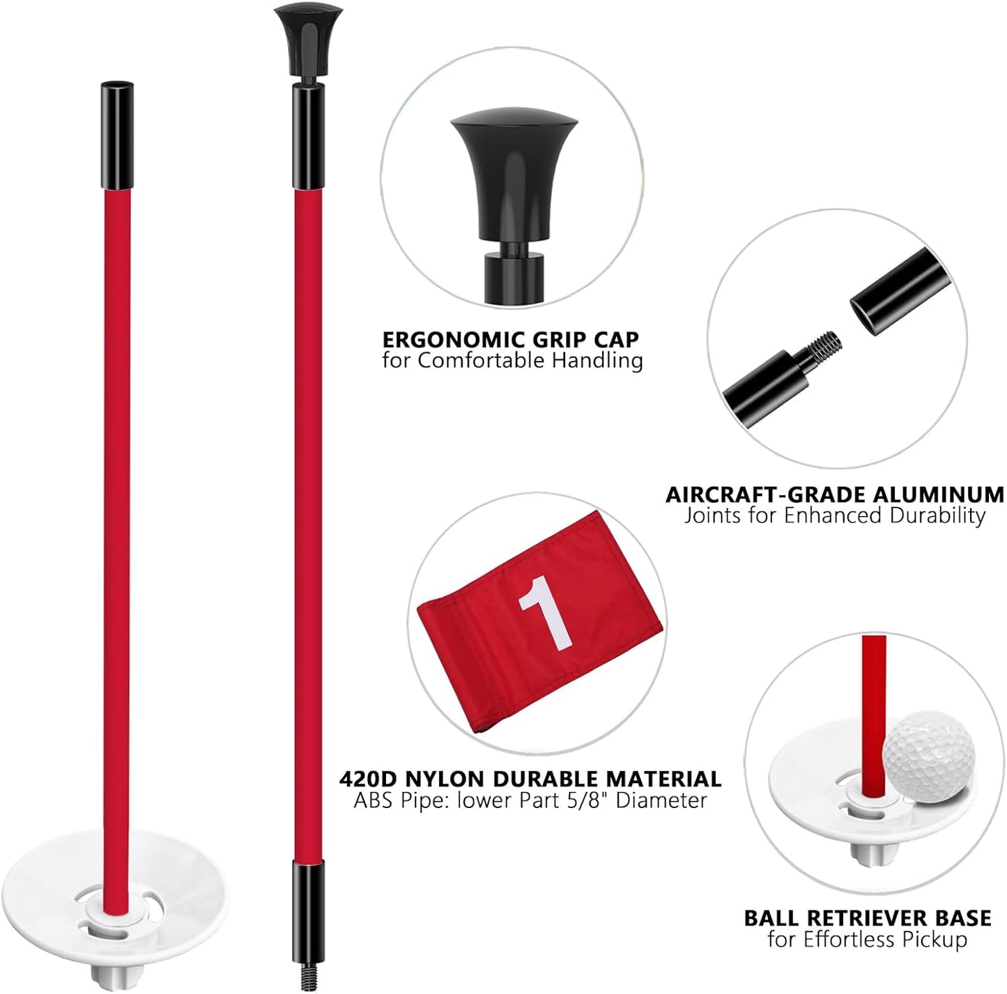 Foldable Portable Golf Flagstick (White) - Sectional Pin with Putting Flag, Great for Backyard Practice & Home Yard Golf Setup