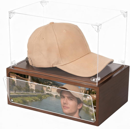Baseball Hat Display Case, Uv Protection Signed Hat Transparent Showcase, Clear Acrylic Sport Cap Holder Stand Display Box with Solid Wood Base Risers, Ideal Gift for Cap Collector