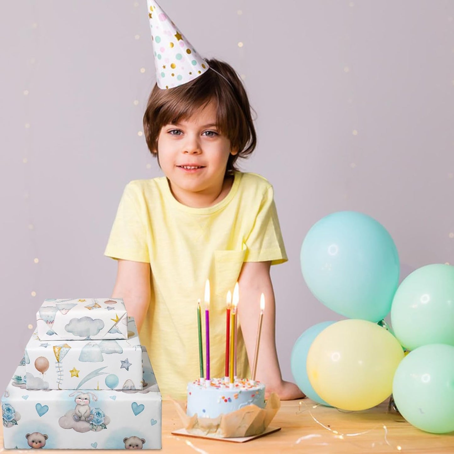 Vnaaem Baby Boy Wrapping Paper 12 Pc Baby Shower Wrapping Paper with Grey Balloon Bear Moon Patterns for Kids Birthday Party New Baby,19.6 X27.8Inch