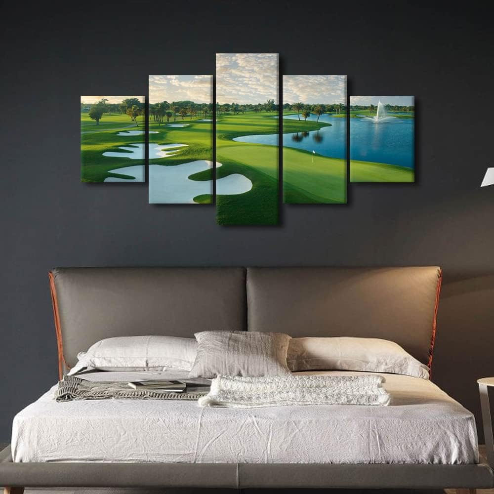 Golfing Link Scenery Paintings Green Meadow Pictures for Living Room Multi Panel Prints Wall Art on Canvas Contemporary Artwork Bedroom Home Decor Framed Gallery-Wrapped Ready to Hang - 60" W x 32" H