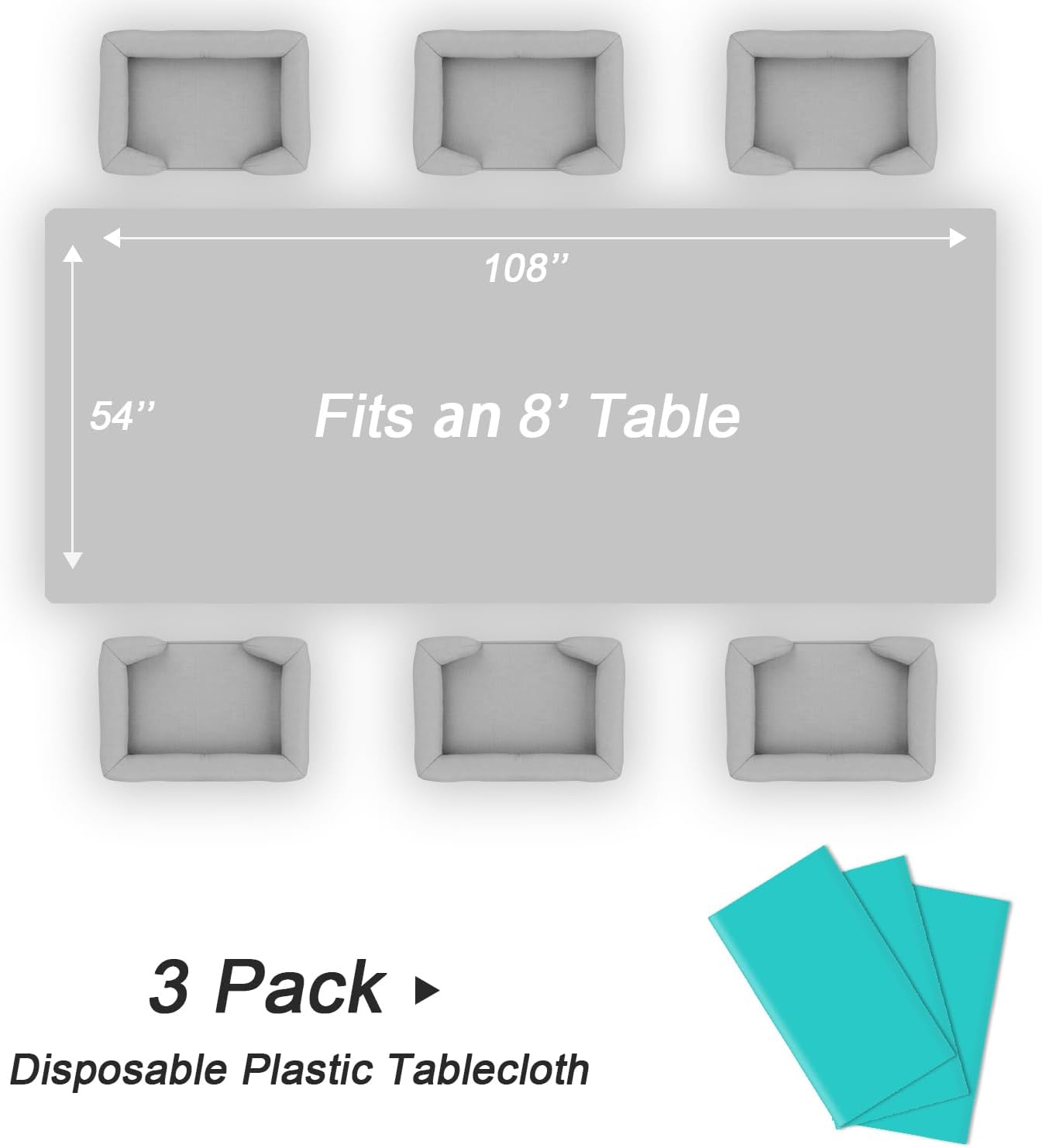 QIKSION Plastic Table Cloth Disposable 3 Pack, 54 x 108 Inch Tablecloths for Rectangle Tables, Aqua Blue Plastic Table Cover