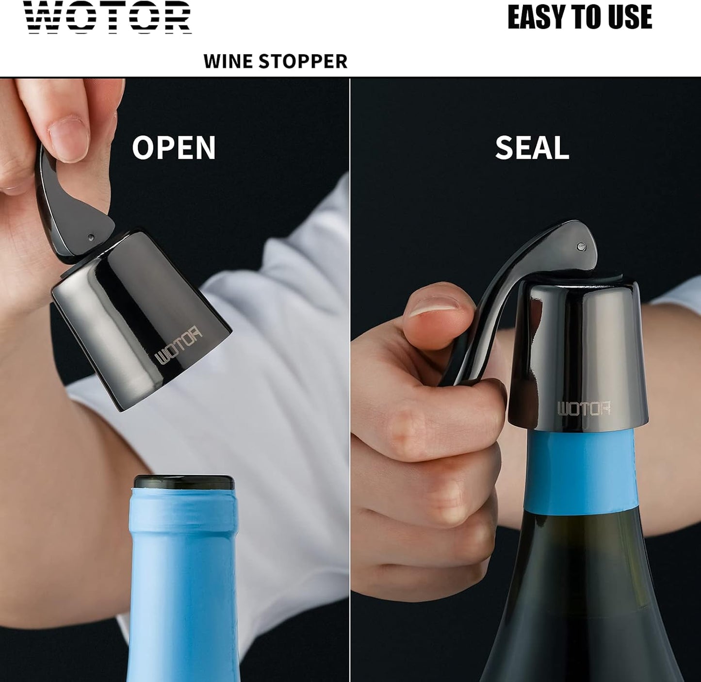 WOTOR Wine Stoppers Stainless Steel Wine Bottle stopper Plug with Silicone Reusable Wine Saver Leak proof Keep Fresh Metalblack 3 Pack