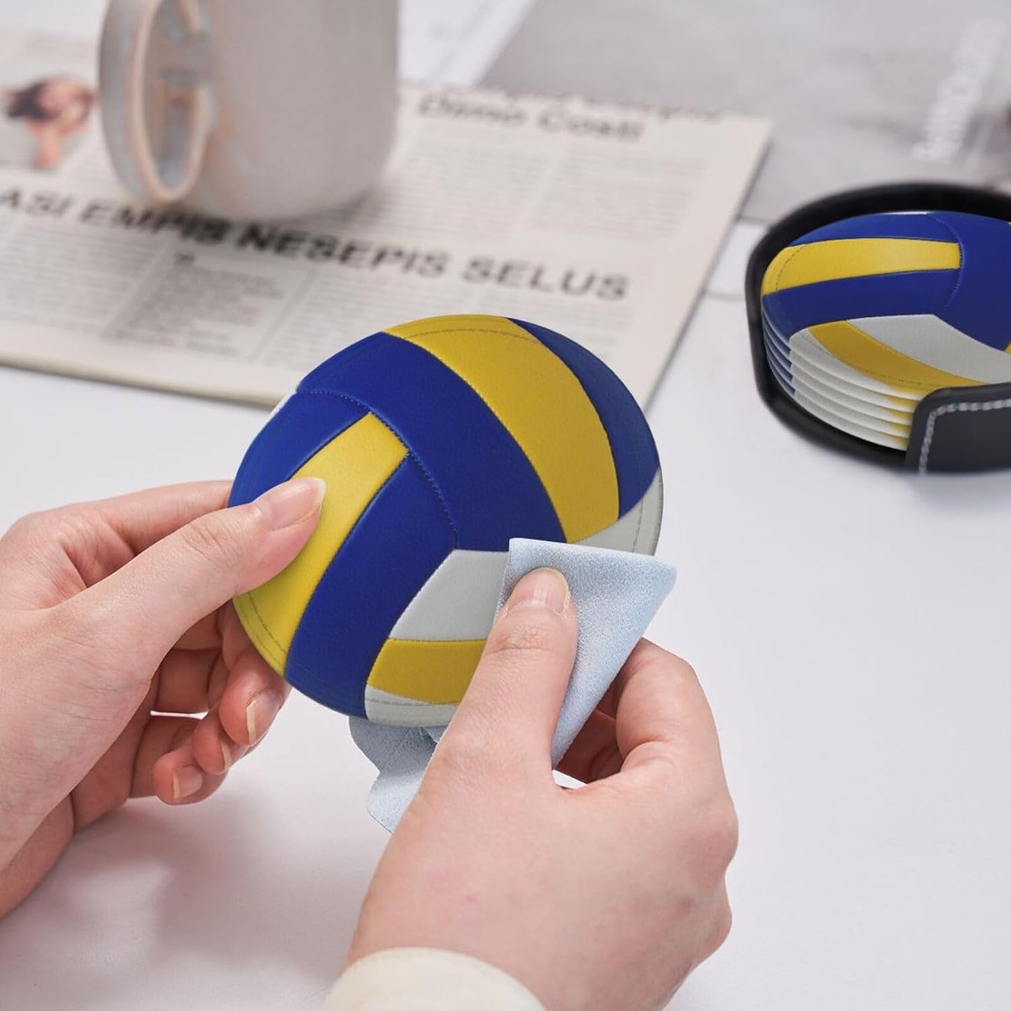 6 Pcs Volleyball Drink Coasters with Holder Coasters for Drinks Coffee Table Home Decor Housewarming Gift