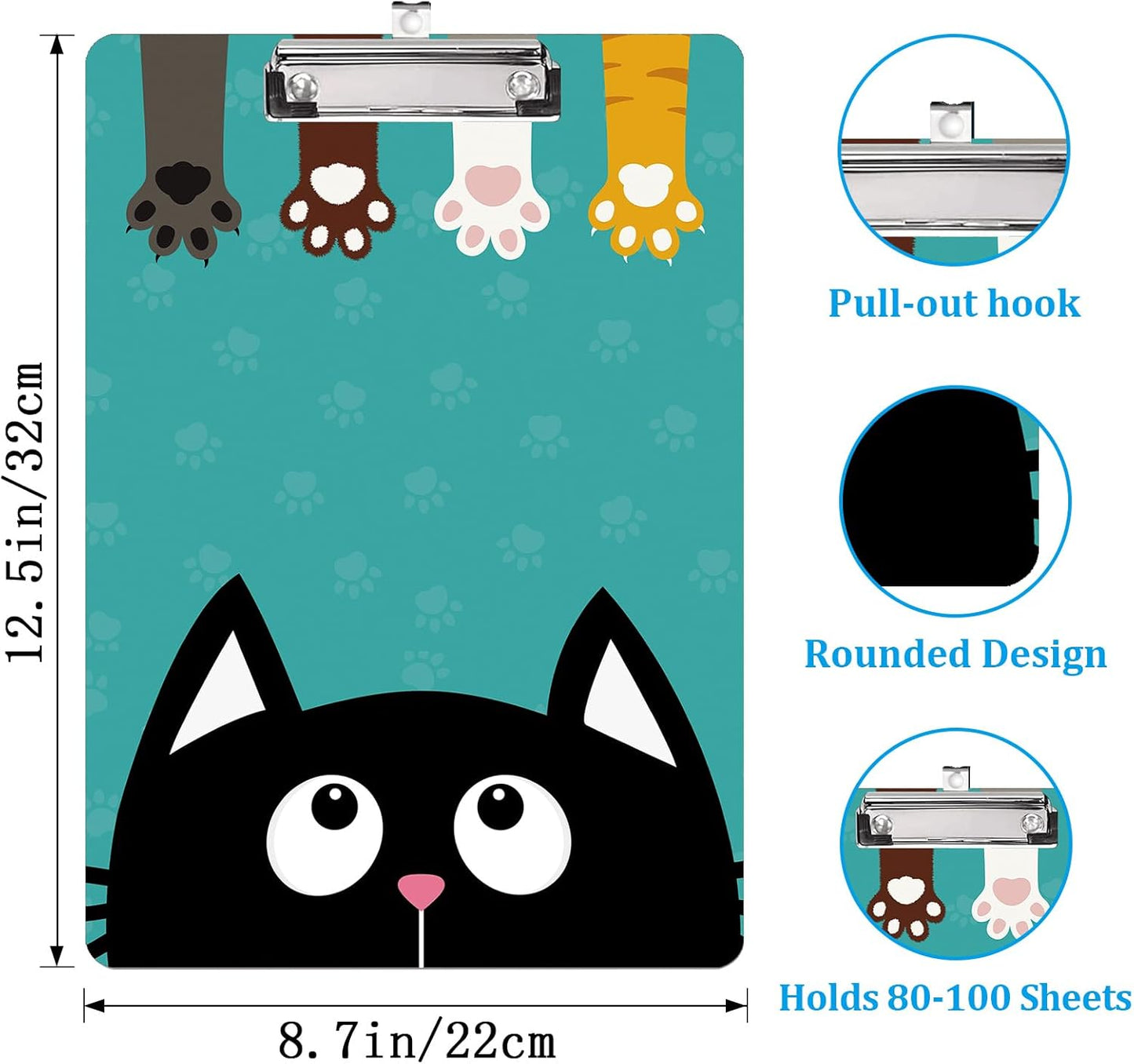 Plastic Clipboard A4 Letter Size Clipboard with Retractable Hanging Hole for Nurses/Students/Office and Women,Decorative Pattern (Cute Cat Paws