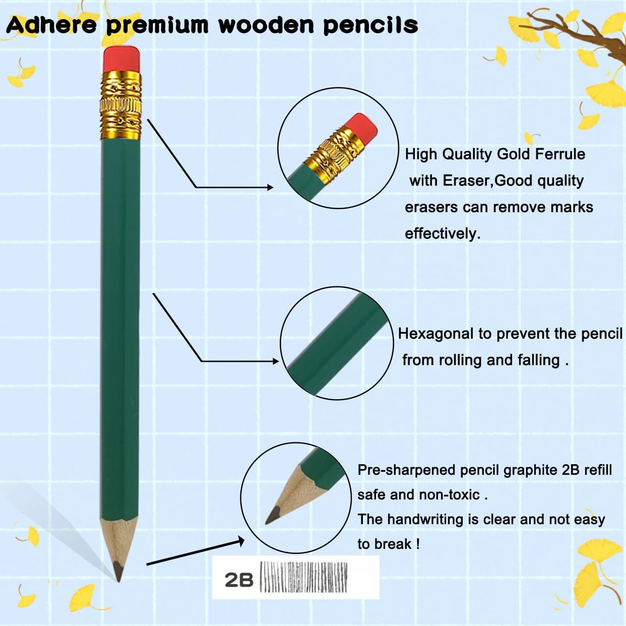 Adhere 25pcs Golf Pencils with eraser Hexagon Wooden Pencils Graphite 2B for Golf Event Scoring,Classroom,Wedding,Company Meetings,Pew, Pocket (Green)