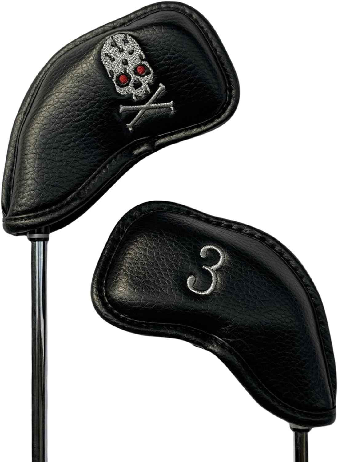 Premium PU Leather Golf Headcovers Set - 10pcs Skull Skeleton Iron Headcovers #3-9, PW, SW, AW - Black Club Protective Case