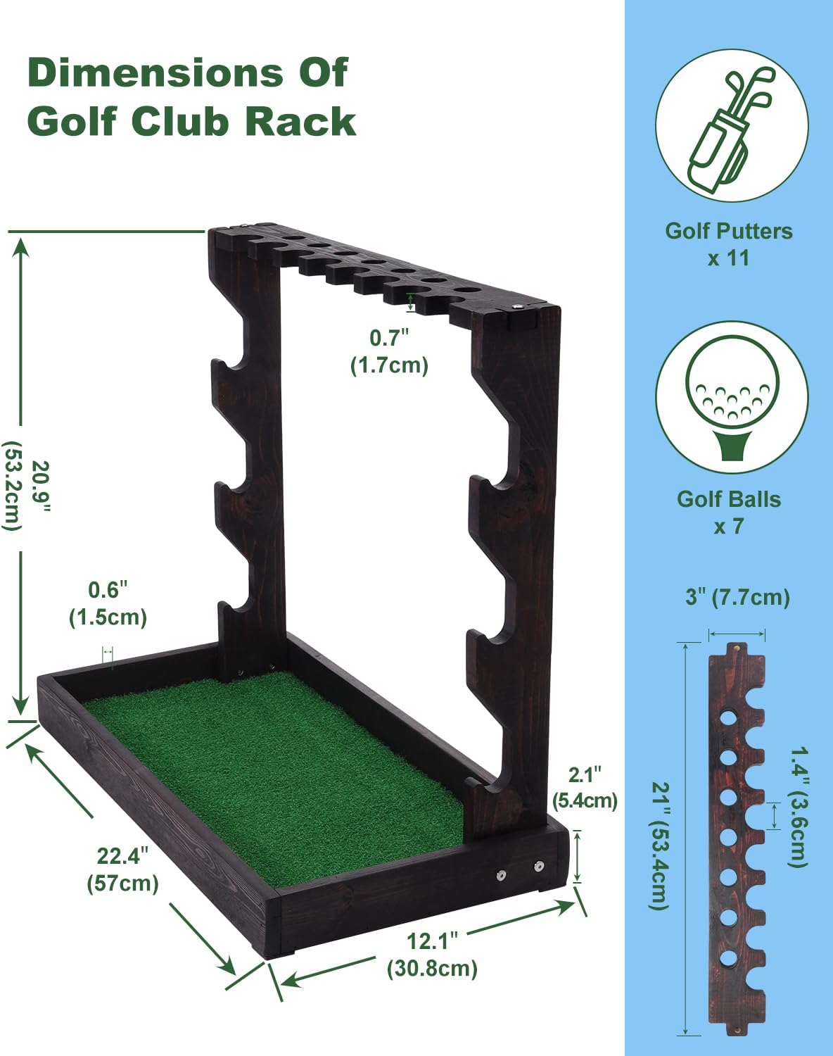 Golf Putter Stand, Wooden Golf Club Holder with Artificial Grass Mat, Holds 11 Clubs & 7 Golf Balls, Stand Floor Display Rack for Indoor Home Office Club Simulator
