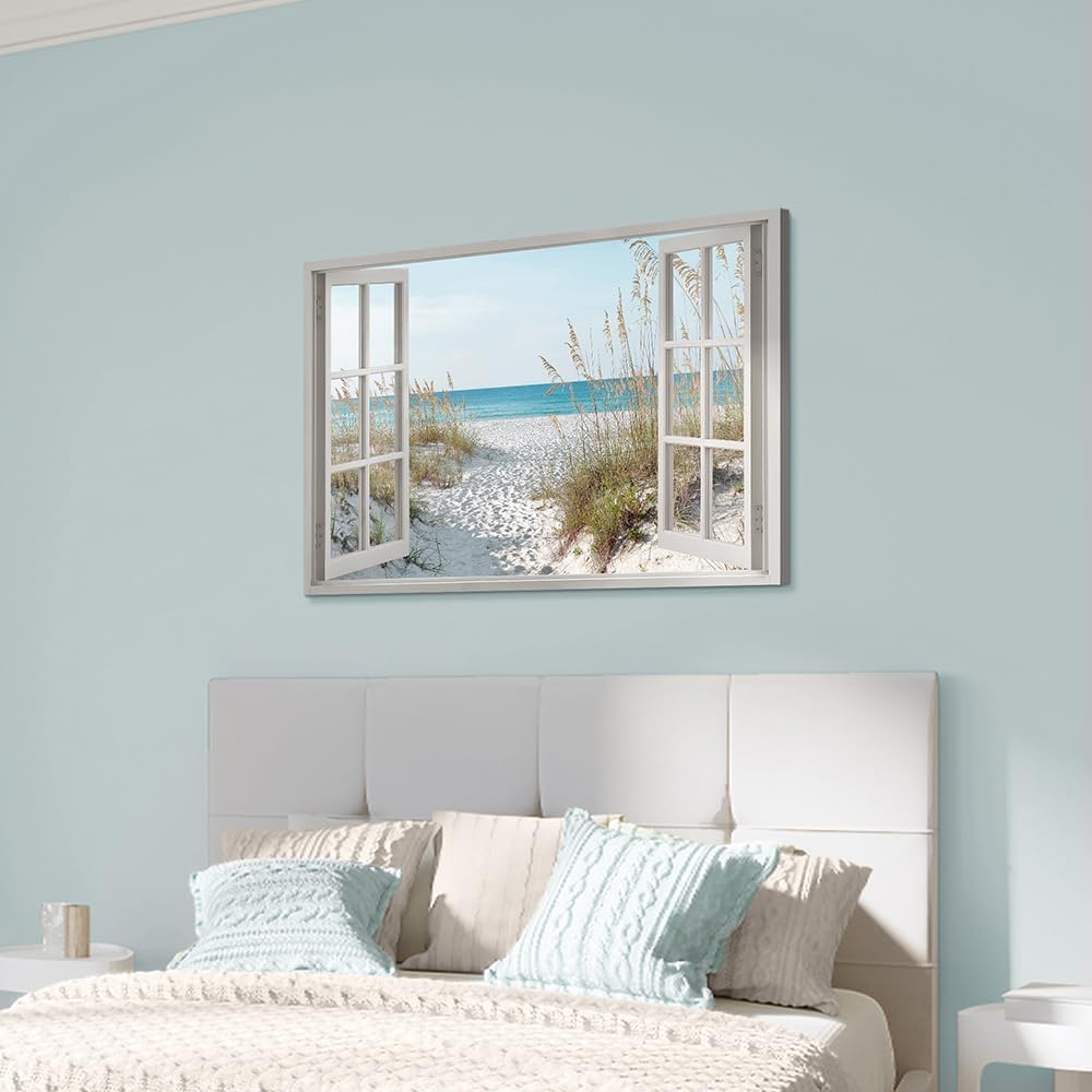 beach wall art window picture: coastal canvas artwork seascape scene prints looking out fake window wall decor for bedroom 36"x24"