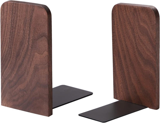 Muso Wood Book Ends for Shelves, Non-Slip Bookends, Heavy Duty Wooden Bookend Support for Books and Movies (Walnut 1 Pair)