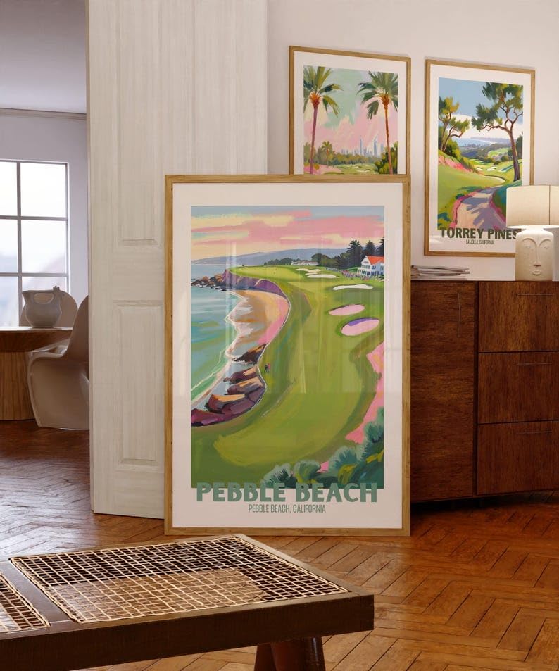 Nationcog Pebble Beach Golf Course Poster, Vintage California Travel Wall Art Print, Retro Coastal Landscape Painting, Unique Golf Course Poster for Collectors and Sports Fans (Unframed) (20x30)