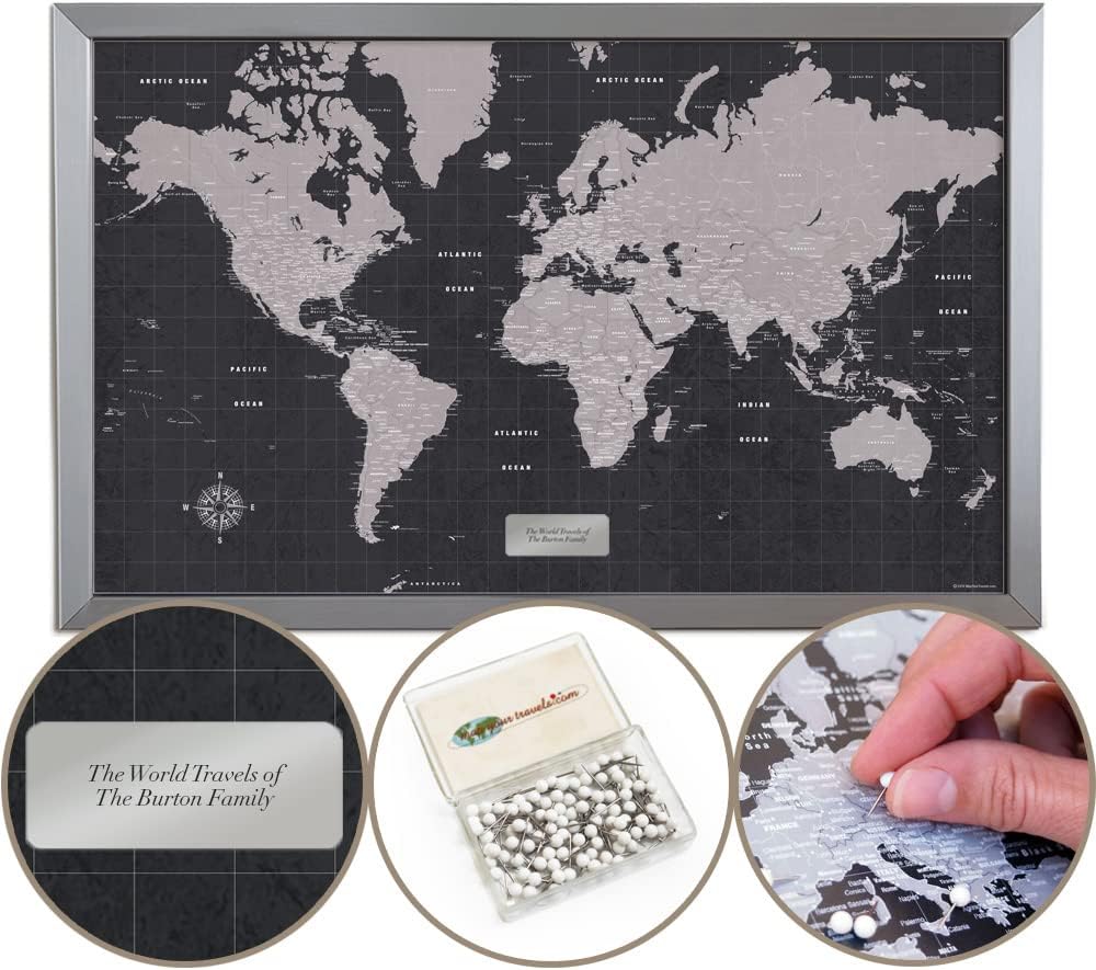Map Your Travels Modern Slate World Travel Map | Includes Push Pins | Handmade in Minnesota | Gift Map For Travelers | 22"x33"