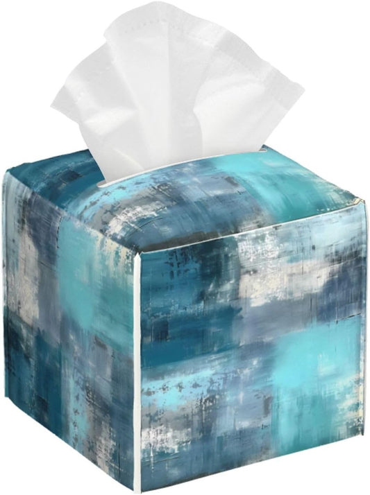 Tissue Box Cover Teal Turquoise Art Texture Square PU Leather Tissue Box Holder for Car Bathroom Bedroom Desk Tabletop Decor