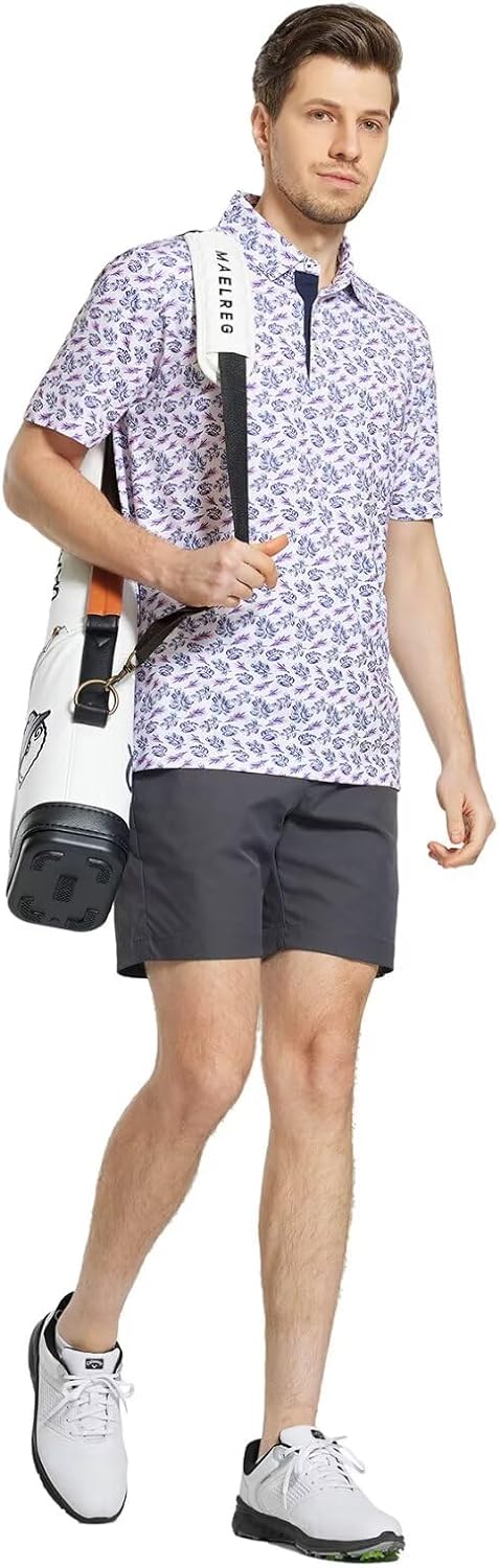 M MAELREG Mens Golf Shirt Short Sleeve Dry Fit Print Moisture Wicking Performance Patterns Collared Polo Shirt