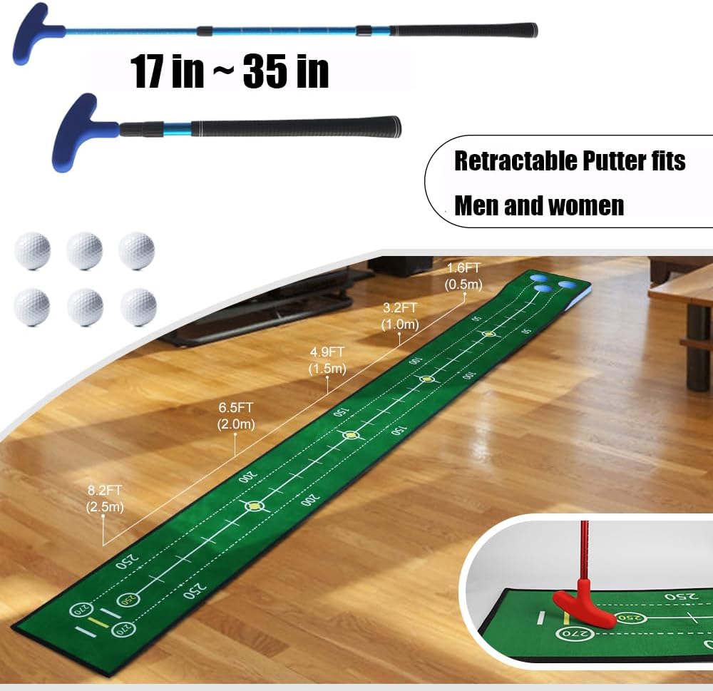 Putting Game, Indoor Green Putting Game Set, Detachable Golf Putting Mat - Includes 1 Putter, 6 Golf Balls, 3 Golf Cups, 1 Bag for Home Office Backyard with Family/Friends