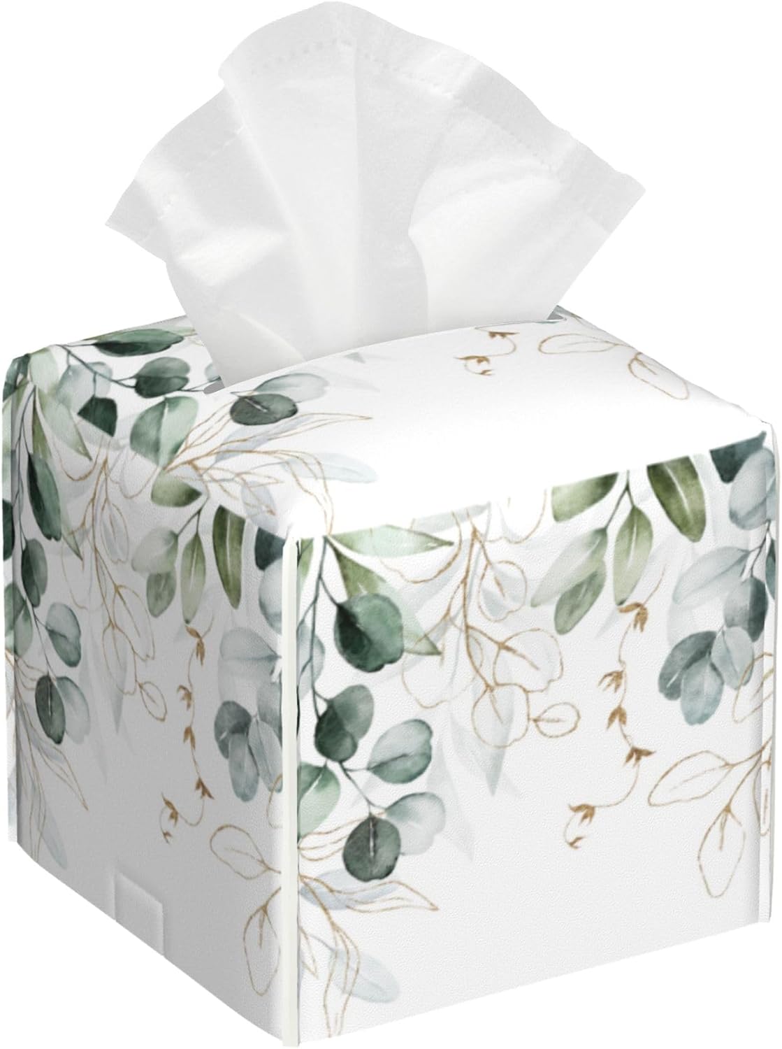 Tissue Box Cover Square,Eucalyptus Leaves Leaf Tissue Box Holder Waterproof Leather Facial Paper Case Modern Home Decoration for Bedroom Dresser Night Stand Office Desk
