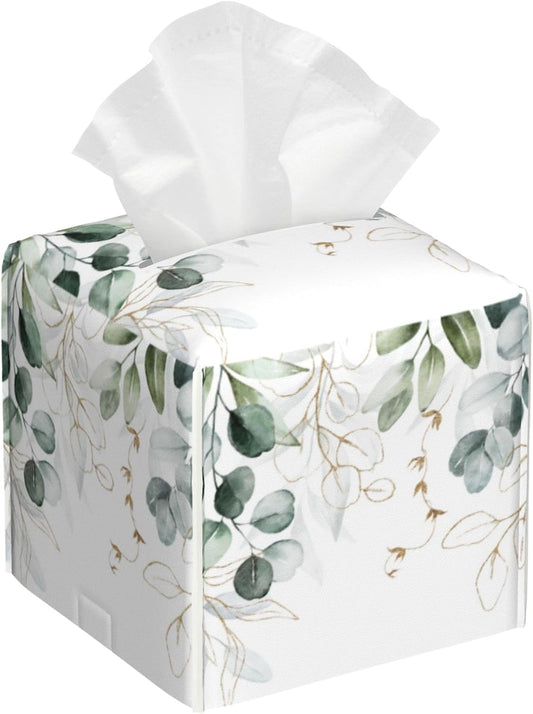 Tissue Box Cover Square,Eucalyptus Leaves Leaf Tissue Box Holder Waterproof Leather Facial Paper Case Modern Home Decoration for Bedroom Dresser Night Stand Office Desk
