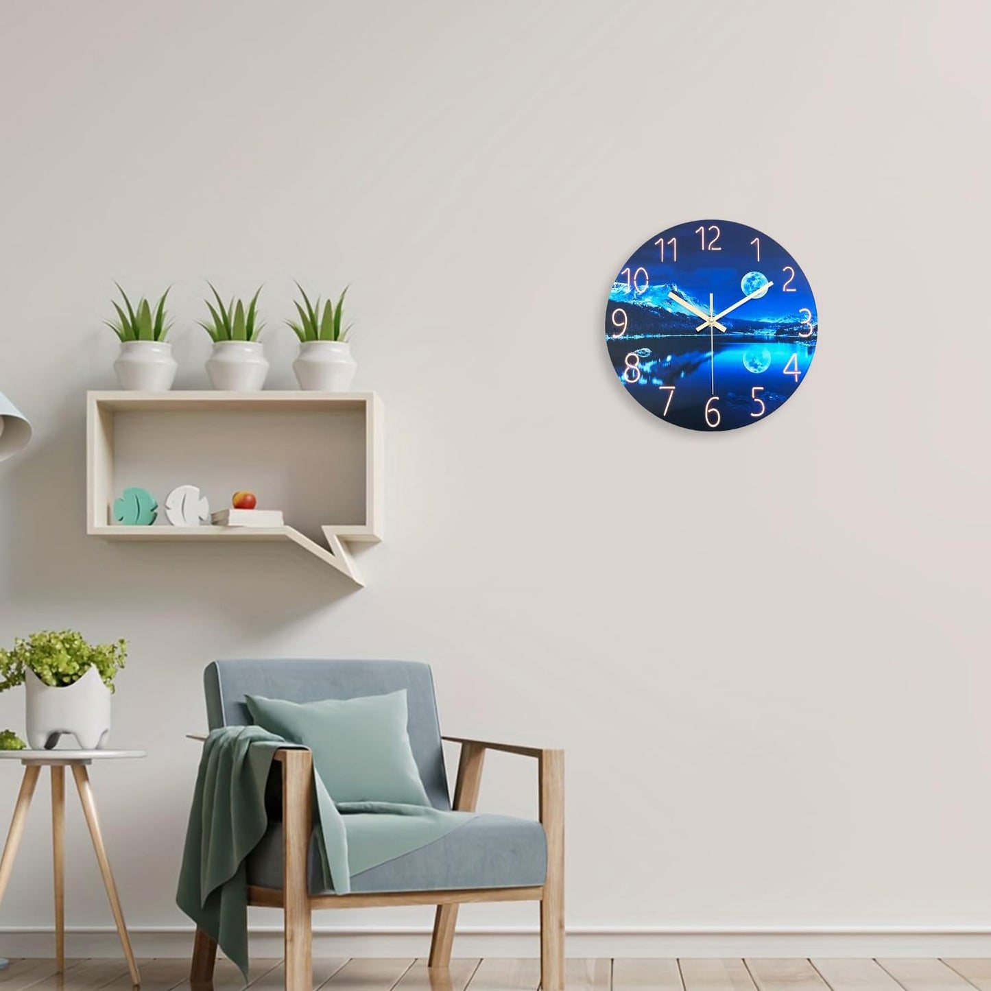 Blue Wall Clock for Bedroom 12 Inch Natural Landscape Round Analog Clock Battery Operated Moon Wall Clock Non Ticking