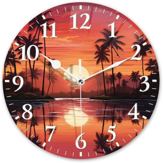 Sunset Wall Clock Non-Ticking Silent Clocks Battery Operated Analog Decor Clock for Home-Sunset with Palm Trees and Reflections On The Water(12inch)
