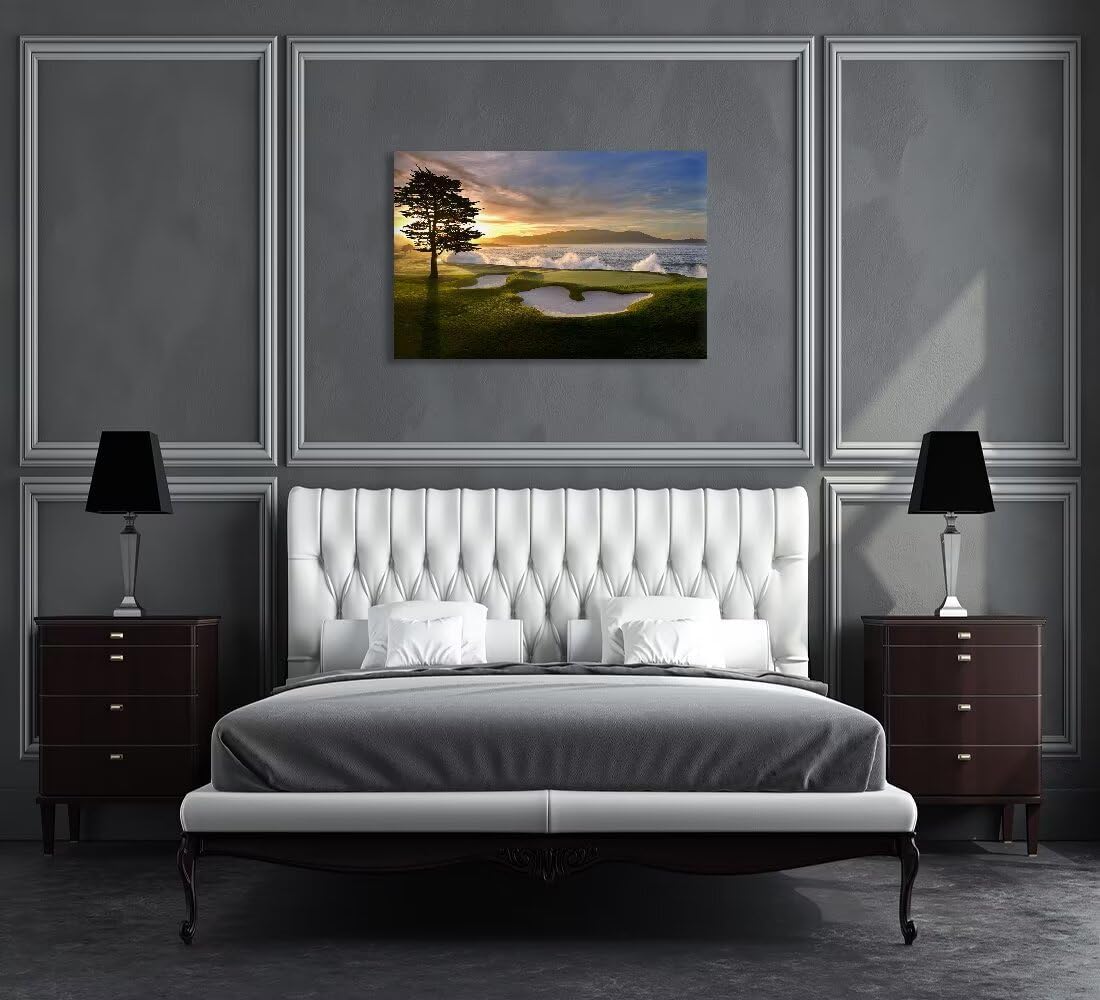 chenchenArt Pebble Beach Golf Course Wall Art Pictures Golf Course Poster Canvas Prints Golf Artwork Wall Decor for Living Room Bedroom Bathroom Home Decorations Framed Ready to Hang(12''H x 16''W)