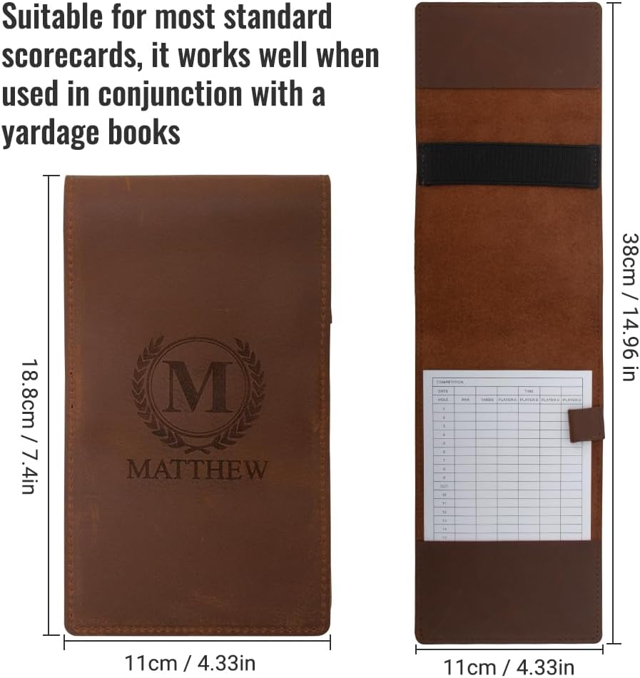 Custom Golf Scorecard Holder Yardage Book - Engraved Crazy Horse Leather, Unique Patina Texture, Personalized Golf Gift for Men Women
