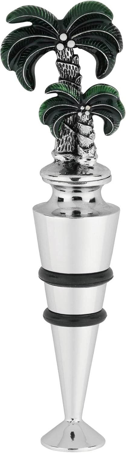 Supreme Housewares Palm Tree-Shaped Zinc Alloy Wine Bottle Stopper - Reusable Beverage Preserver for Wine, Champagne, and Sparkling Drinks - Silver and Green, 4.25 Inch Tall
