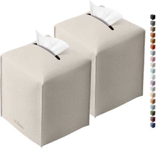 Tissue Box Cover for PU Leather, Modern Simple Solid Color Holder Square Tissue Bag, Ideal for Bathrooms,Office,Car,Outdoor Tent,Dining Table,5"X5"X5", Double Off-White