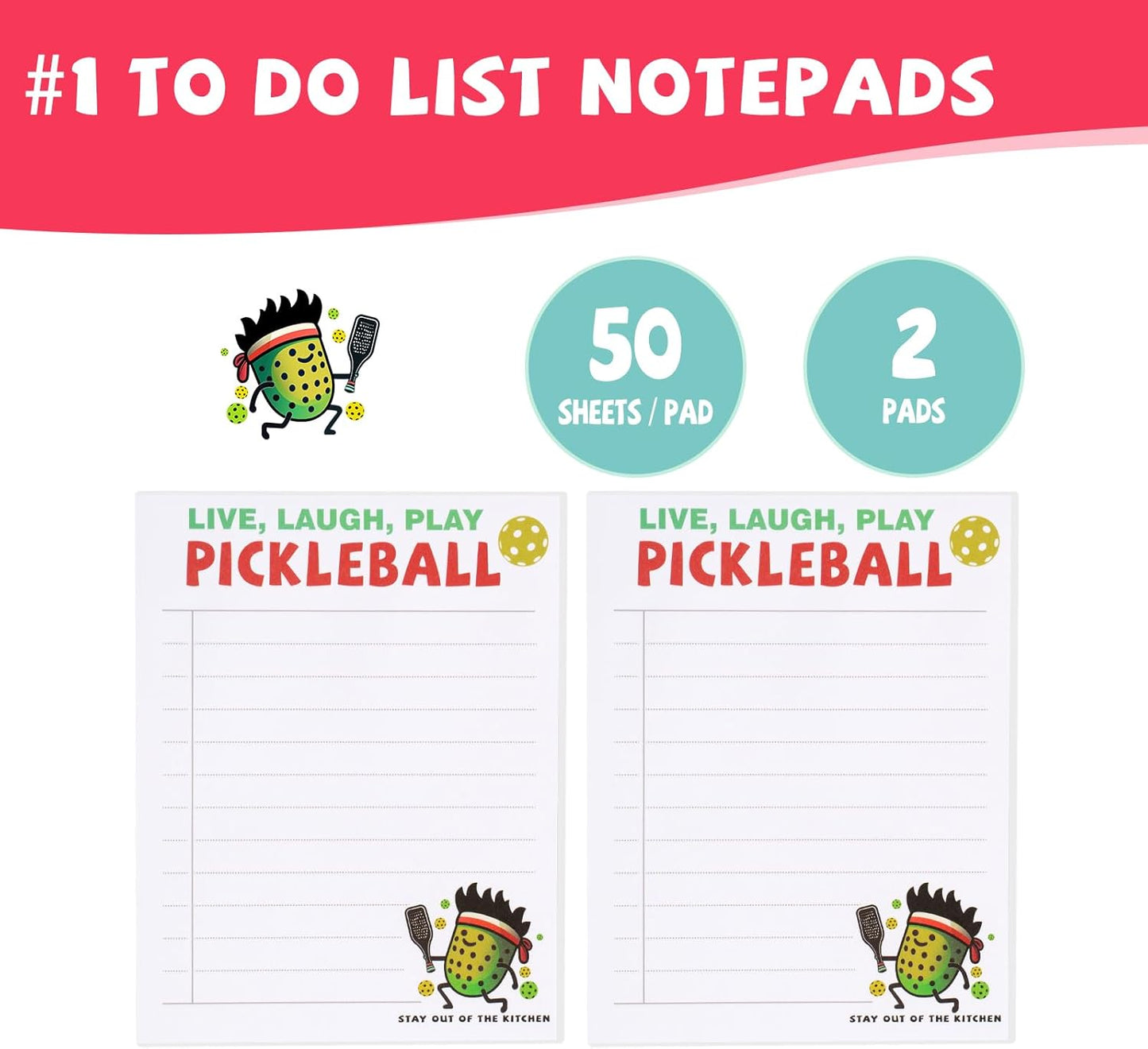 4 Pickleball Sticky Memo Notepads, 2 Cute Original Designs, Funny Pickle Ball Gifts for Men Women, Tournament Giveaways Round Robin Ideas, Inspirational Ornament Accessories, Kauai Sun™
