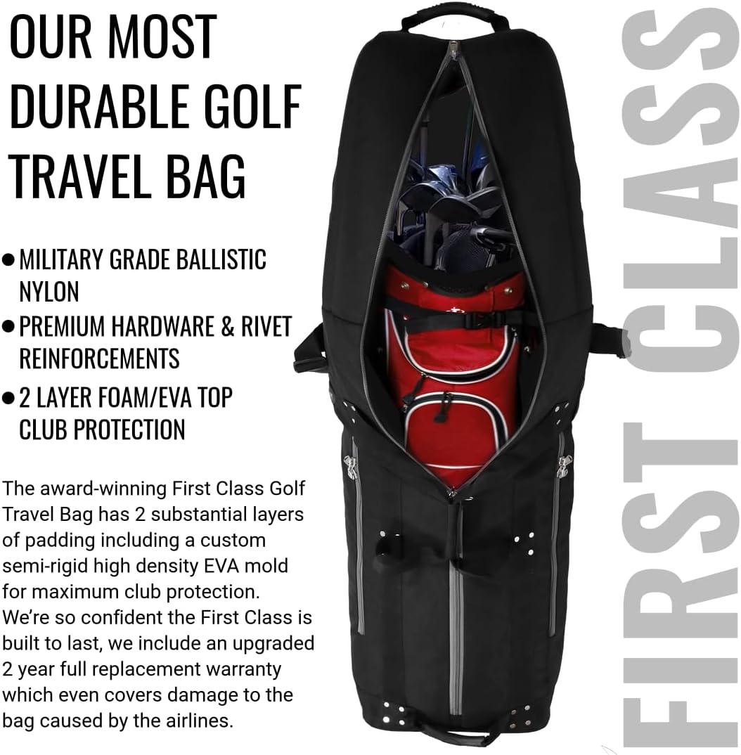 CaddyDaddy First Class Military Grade Ballistic Nylon Travel Cover with EVA Dense Foam Top Padding 2 Year Full Replacement Coverage Self Standing Base XL Wheels Case for Transporting Clubs on Airlines