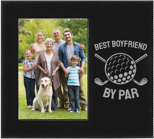 CustomGiftsNow Boyfriend By Par Father's Day Golf Gift Engraved Leatherette Faux Leather Hanging/Tabletop Offset Vertical/Portrait Personalized Group Grandparent Family Photo 4x6 Picture Black Frame
