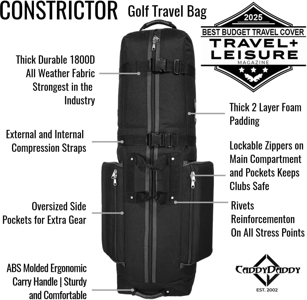 CaddyDaddy Constrictor Soft-Sided Golf Travel Bag Cover with Thick Dense Foam Padded Top 1 Year Full Travel Bag Replacement Coverage | Wheels & Lockable Zippers Case for Transporting Clubs on Airlines