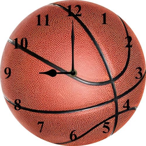 Silent No Tick Sports Theme Wall Clock Wooden Round Basketball Pattern Wall Clock Battery Powered Suitable for Home Decoration Boys Room Living Room School Birthday Gift 10inch