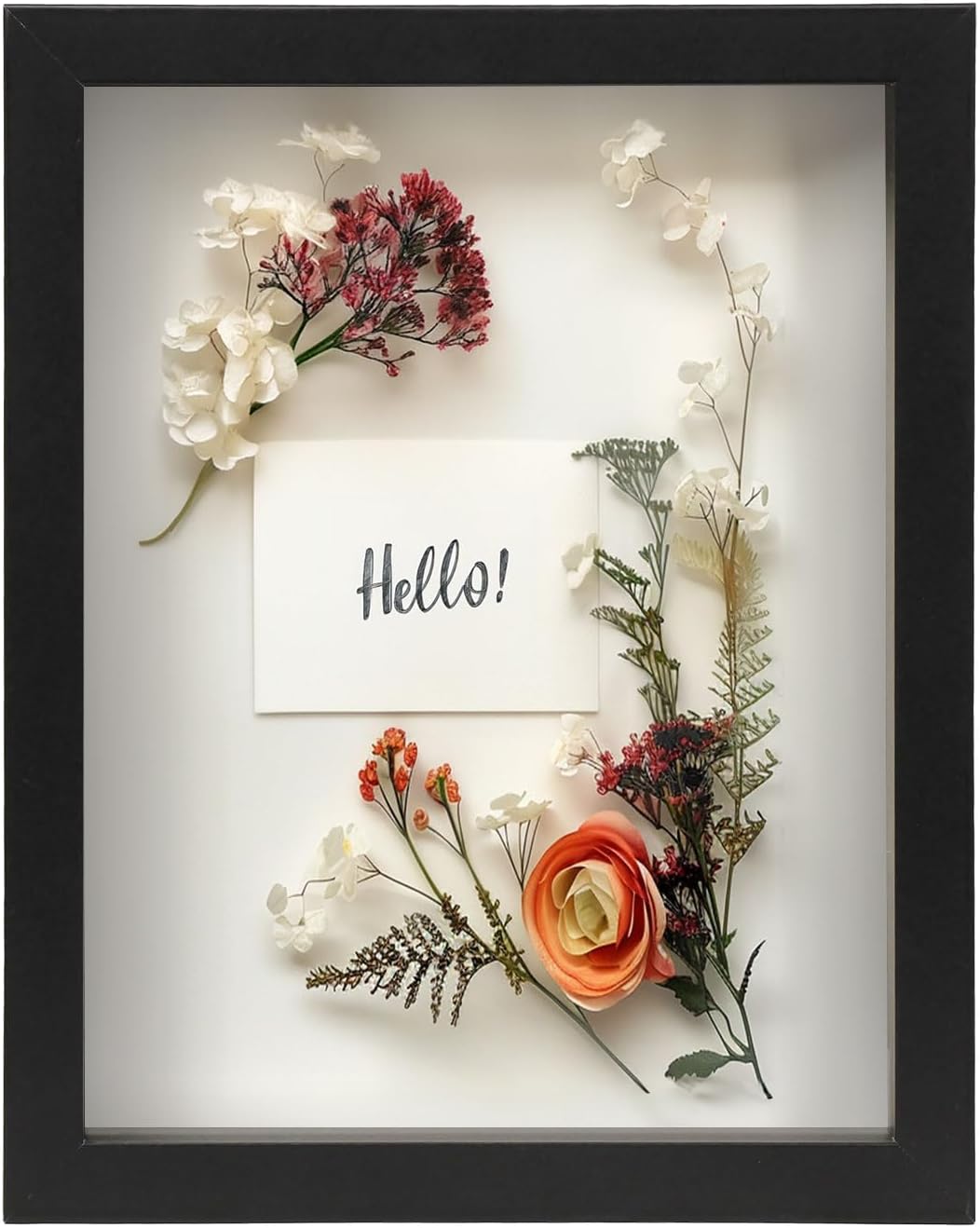 FrameWorks 8.5” x 11” Black Wooden Shadow Box Frame – Display Case with Soft Felt Back, Memory Box with Tempered Glass, Display Box with Elegant White Ball Push Pins, Wooden Flower Box