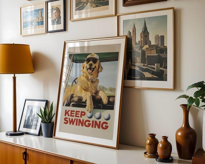 Funny Golden Retriever Golf Wall Art, Vintage Retro Dog Sports Print for Golf Lovers, Bar or Office Decor, Keep Swinging Inspirational Artwork (Unframed) (16x24)