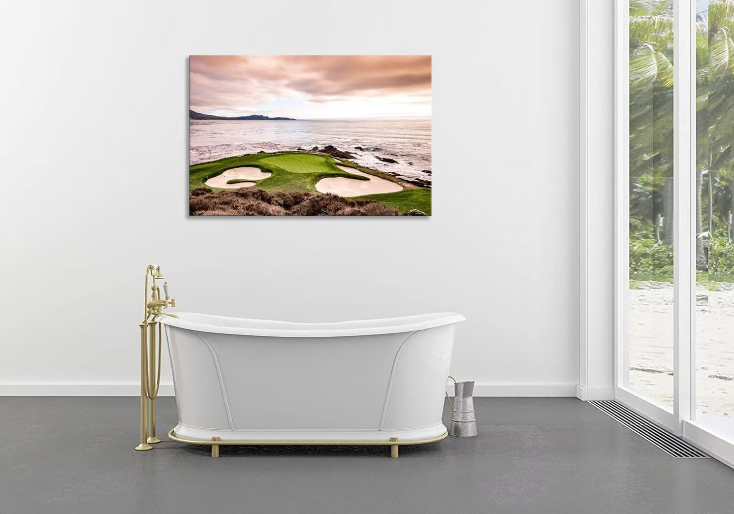USA California Golf Course Wall Art for Living Room Bedroom Bathroom Home Decorations Coastline Golf Course Greens and Bunkers Picture Poster Framed Artwork Canvas Prints Ready to Hang(18''H x 24''W)