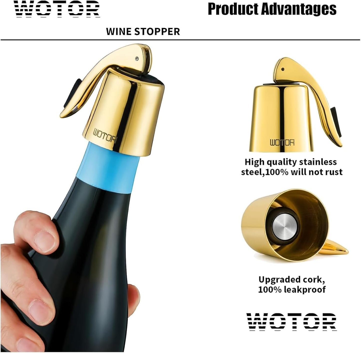WOTOR Stainless Steel Wine Bottle Stoppers with Silicone - Reusable Wine Saver and Decorative Bottle Sealer, Leakproof, Keep Fresh, Gold, 2 Pack