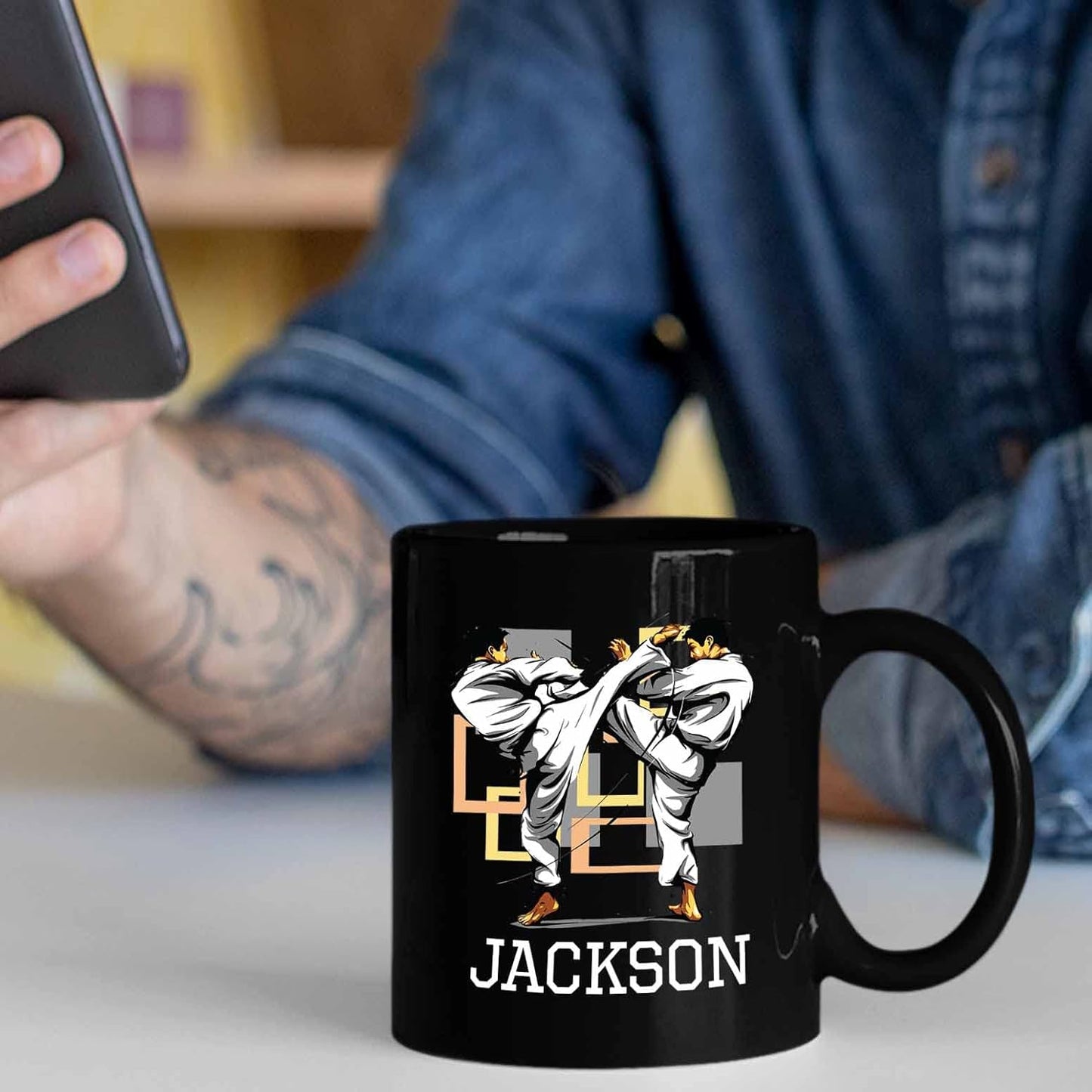 Personalized Name Karate Coffee Mug 11 Oz 15 Oz, Customized Karate Black Ceramic Mug Gifts For Team Coach Karate Lover, Novelty Karate Coffee Cup Gift For Men Women Friends, Karate Lover Travel Mugs