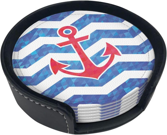 Nautical Anchor Red Blue Coasters for Drinks Round Leather Coaster with Holder Set of 6 for Tabletop Protection Desk Accessories Office Home Room Decor