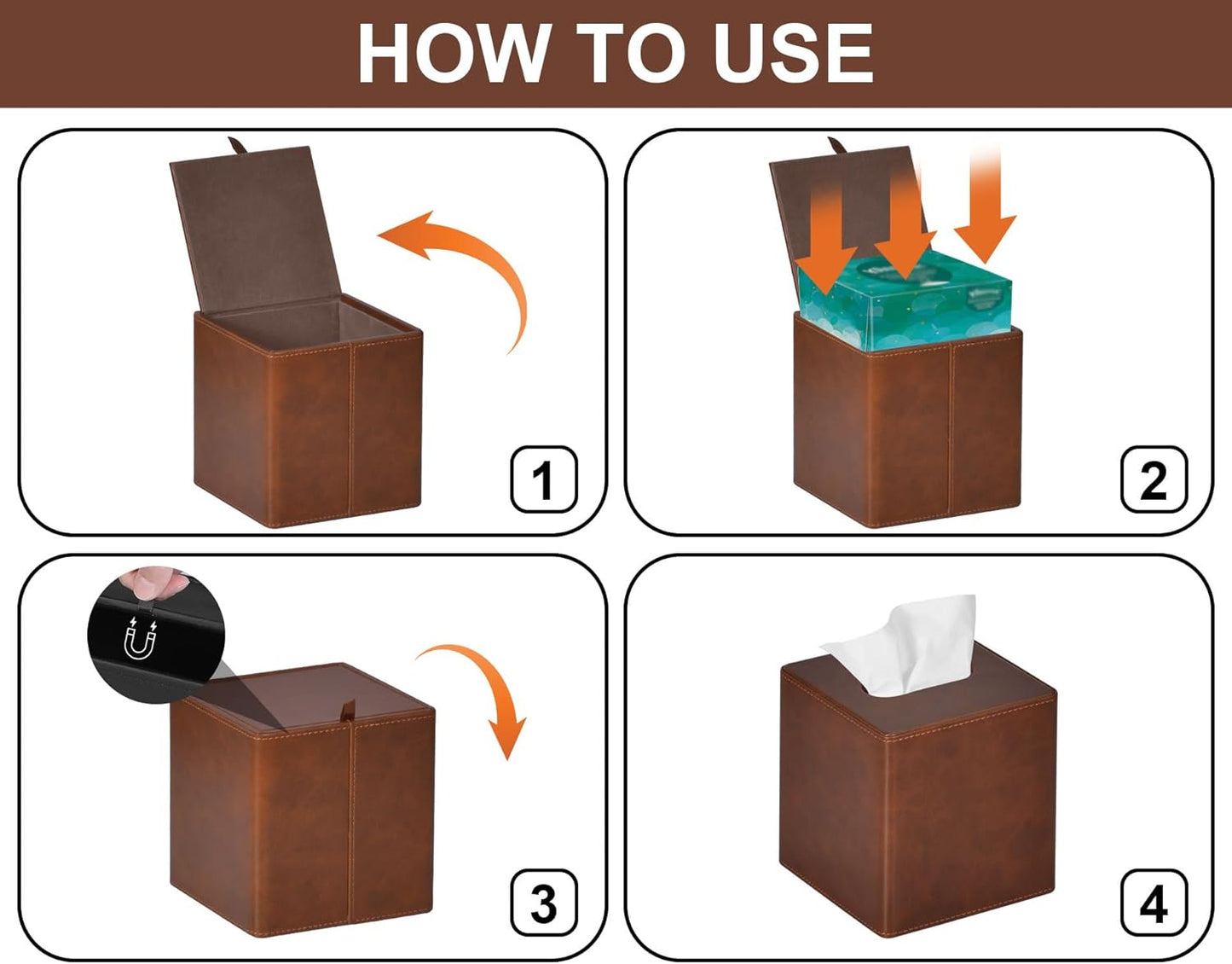 Tissue Box Cover Square PU Leather Facial Tissue Box Holder for Dresser Bathroom Decor (Brown)